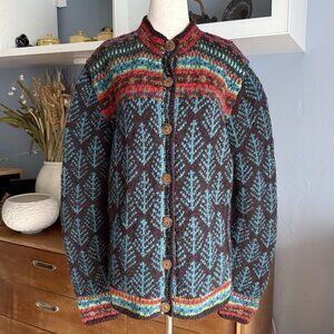Lost Horizons Hand Knit Wool Cardigan Sweater Nepal Size L Colorful